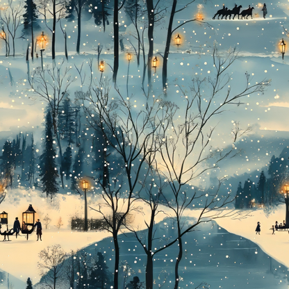 A snowy winter scene with trees, streetlamps, people walking, and a horse-drawn sleigh. Snowflakes gently fall across the landscape.