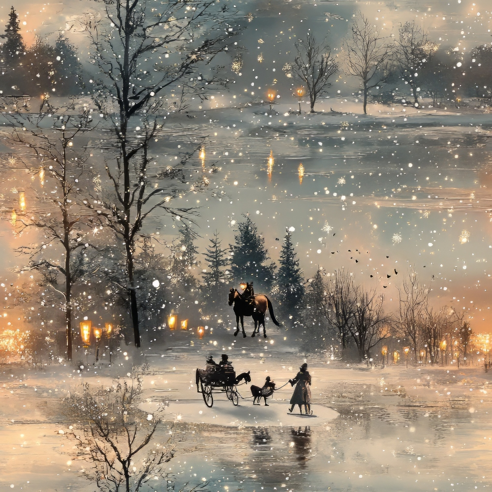 A snowy winter scene with a horse-drawn sleigh carrying people across a frozen lake, surrounded by bare trees and distant lights at sunset.