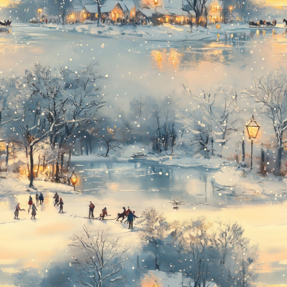 Winter scene with people skating on a frozen pond, surrounded by snow-covered trees and houses lit warmly in the distance. Snow is gently falling.