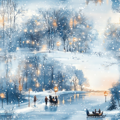 A snowy winter scene with people gathered around a lamp post and others on a horse-drawn sleigh, surrounded by trees and falling snow.