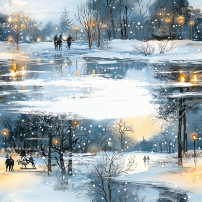 A winter scene with snow-covered trees, a frozen lake, people walking, and others in a horse-drawn carriage. Snowflakes are gently falling.