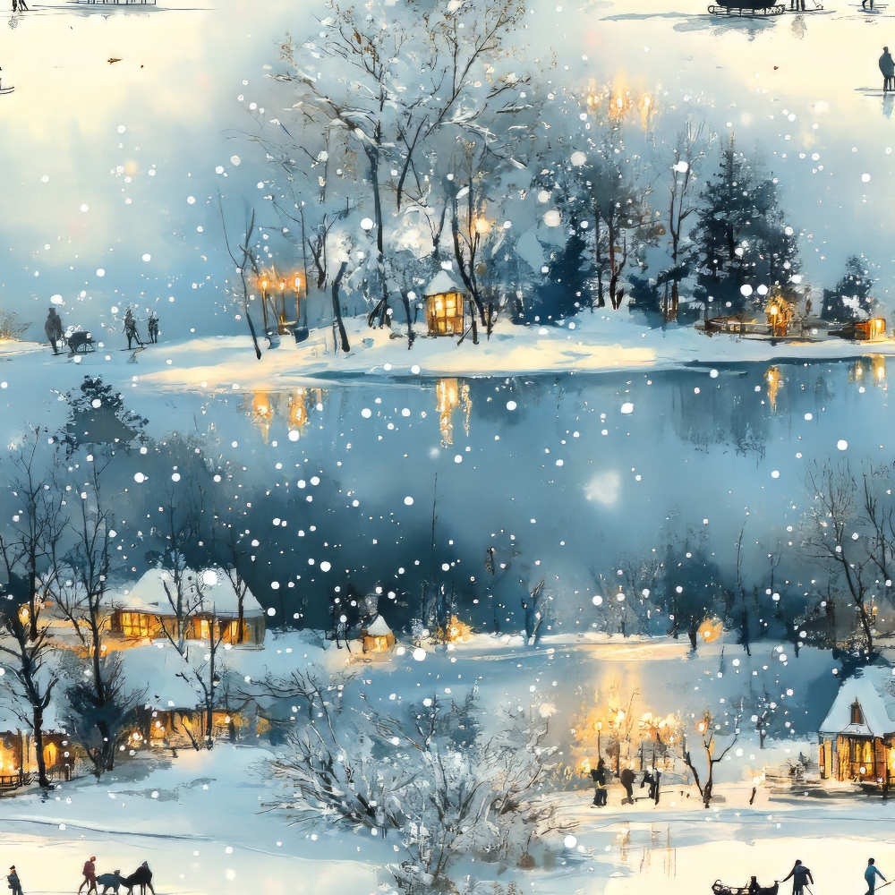 Snowy winter scene with houses, trees, and people; warm lights glow from windows. Snow falls gently, creating a serene atmosphere.