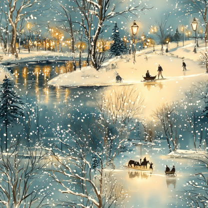 Snowy winter landscape with trees, a river, and softly glowing streetlights. People ice skate and sled with dogs on a frozen river. Snow gently falls, creating a serene, festive atmosphere.