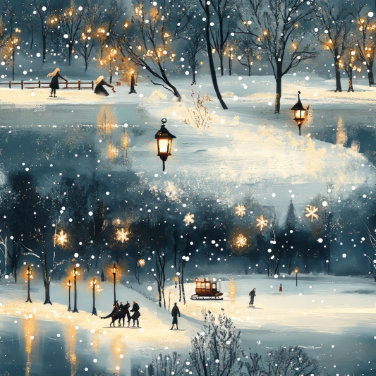 Winter scene with people ice skating and playing in a snow-covered park. Trees and lampposts are adorned with glowing lights. Snowflakes gently fall, creating a serene atmosphere.