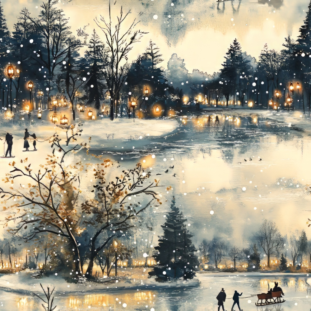 Winter scene with trees, lampposts, and people walking and sleighing on a snowy path. Snowflakes are falling, and lights are glowing against the backdrop of a serene park landscape.