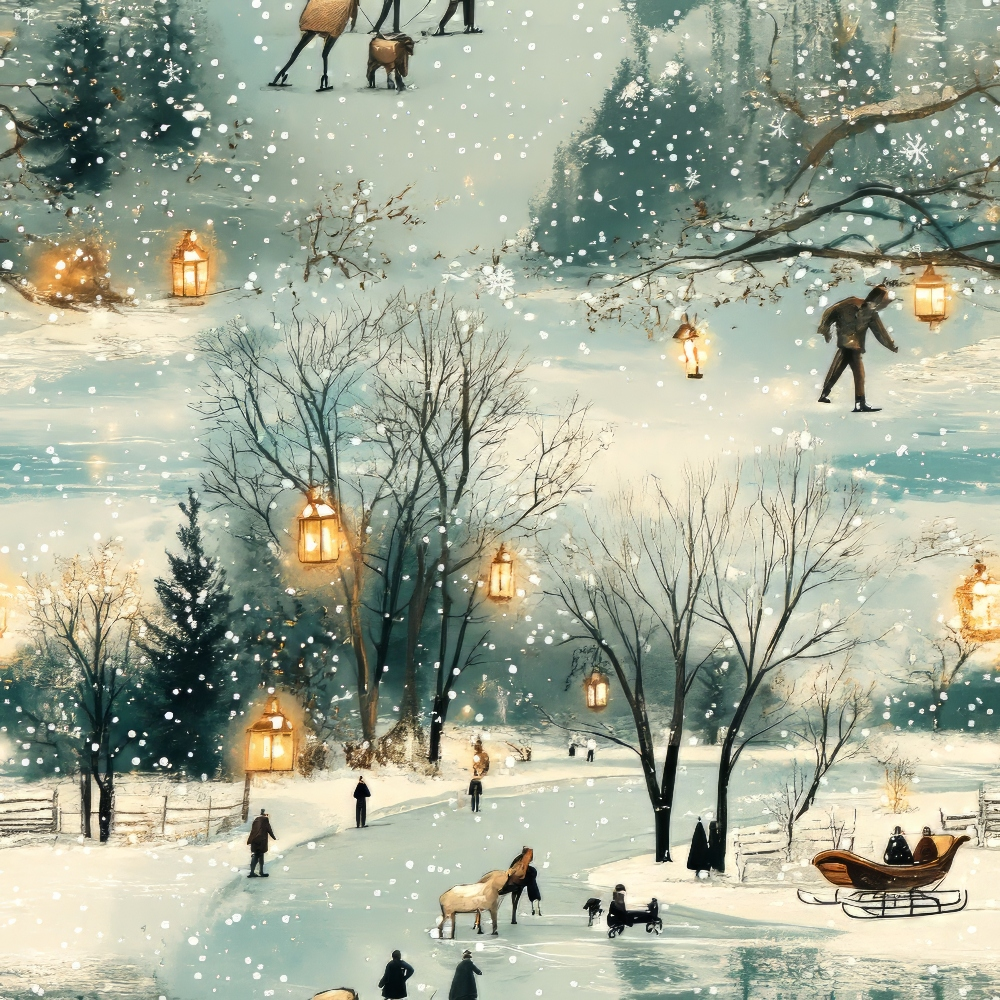 Winter scene with people and animals in snow; lanterns hang from trees. People walk and ride in a horse-drawn sleigh. Snowflakes fall gently.