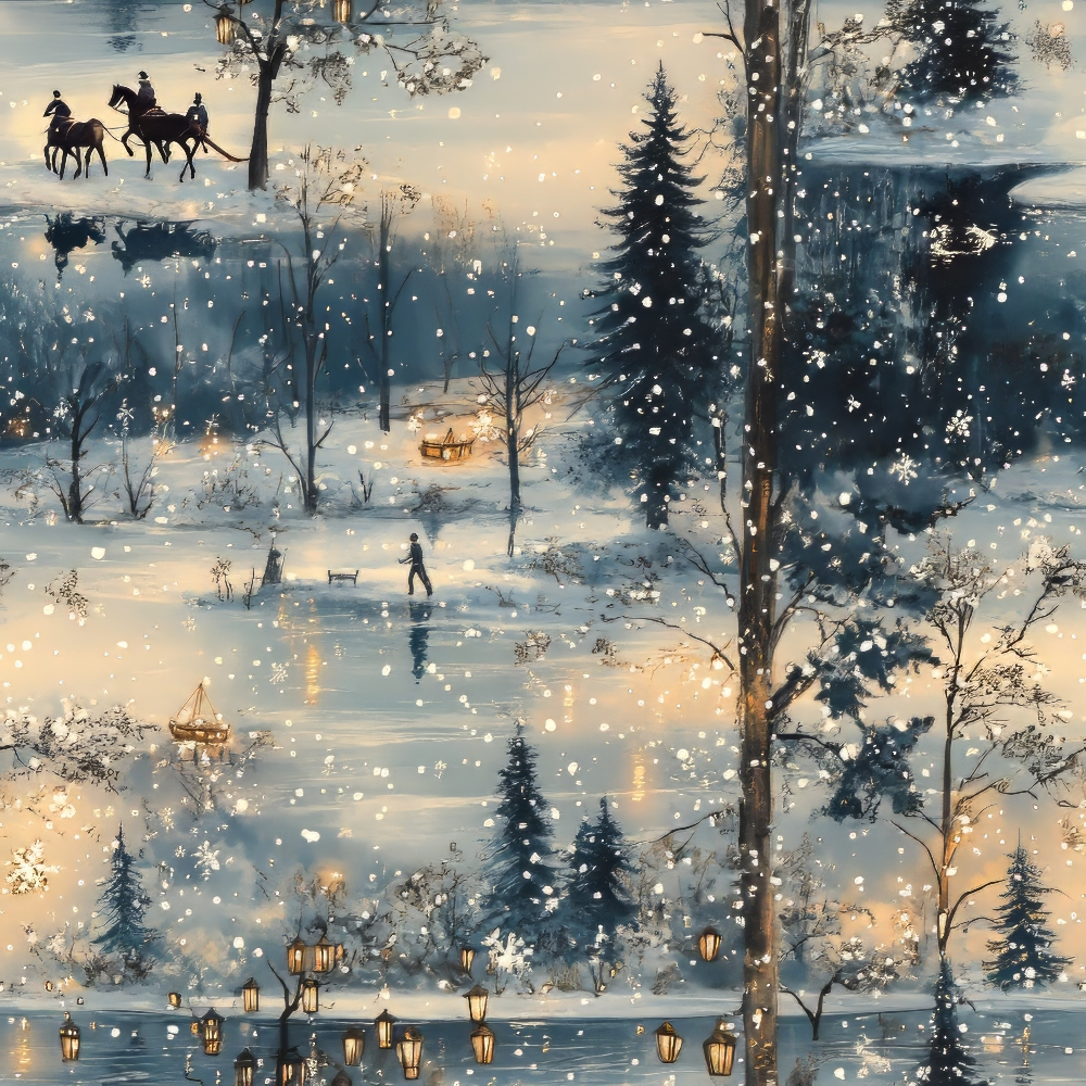 Snowy landscape with two horseback riders atop a hill, a figure walking below, and glowing lanterns reflecting on a frozen pond surrounded by trees. Snowflakes fill the scene.