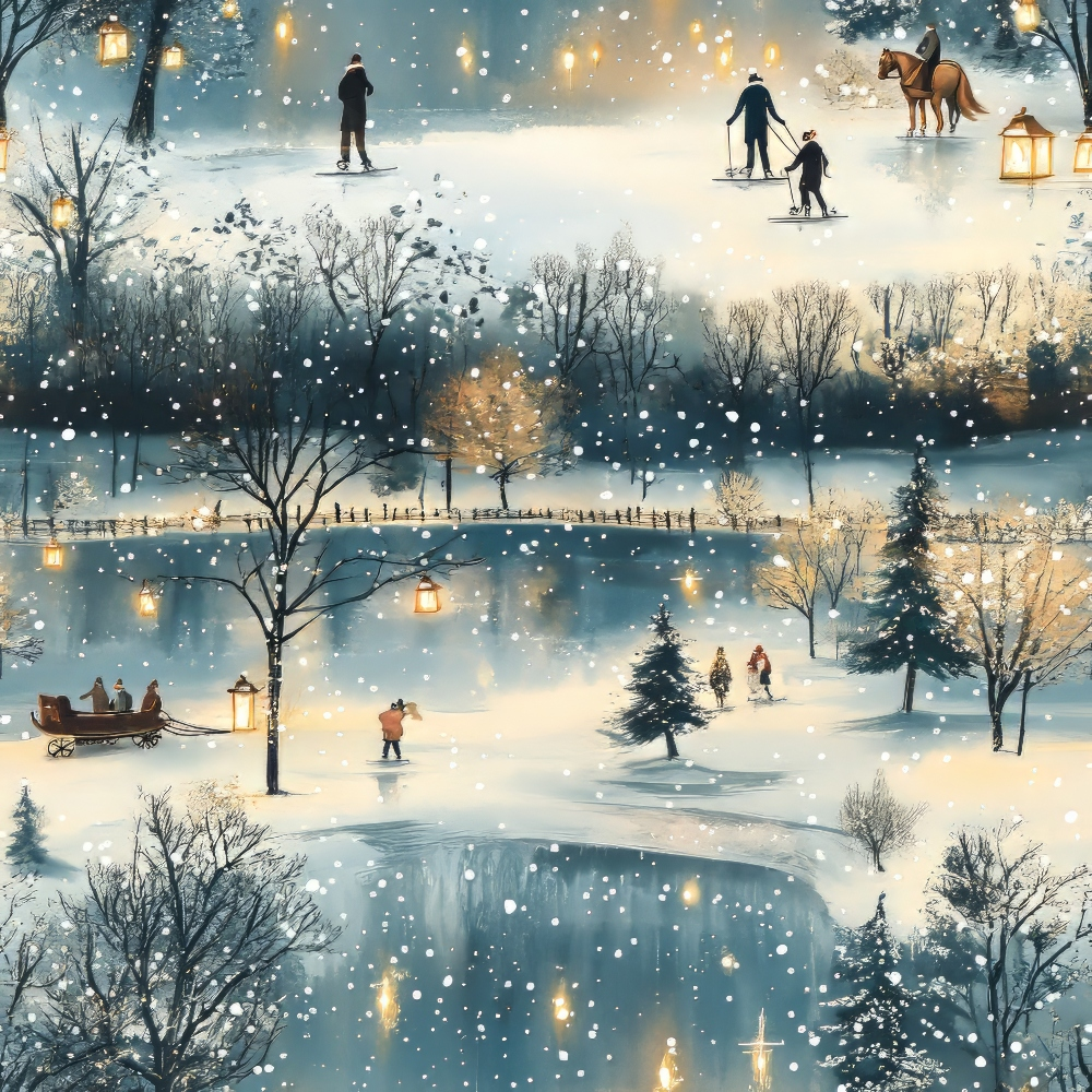 Winter scene with people ice skating and skiing on a frozen pond surrounded by snowy trees. A horse-drawn sleigh and hanging lanterns add to the festive atmosphere.