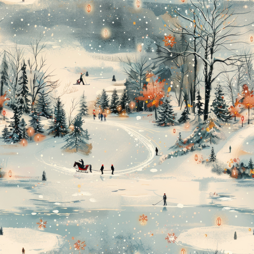 Winter landscape with people walking, sledding, and skiing in a snowy park surrounded by trees. Snowflakes are falling, and orange lanterns are scattered throughout.