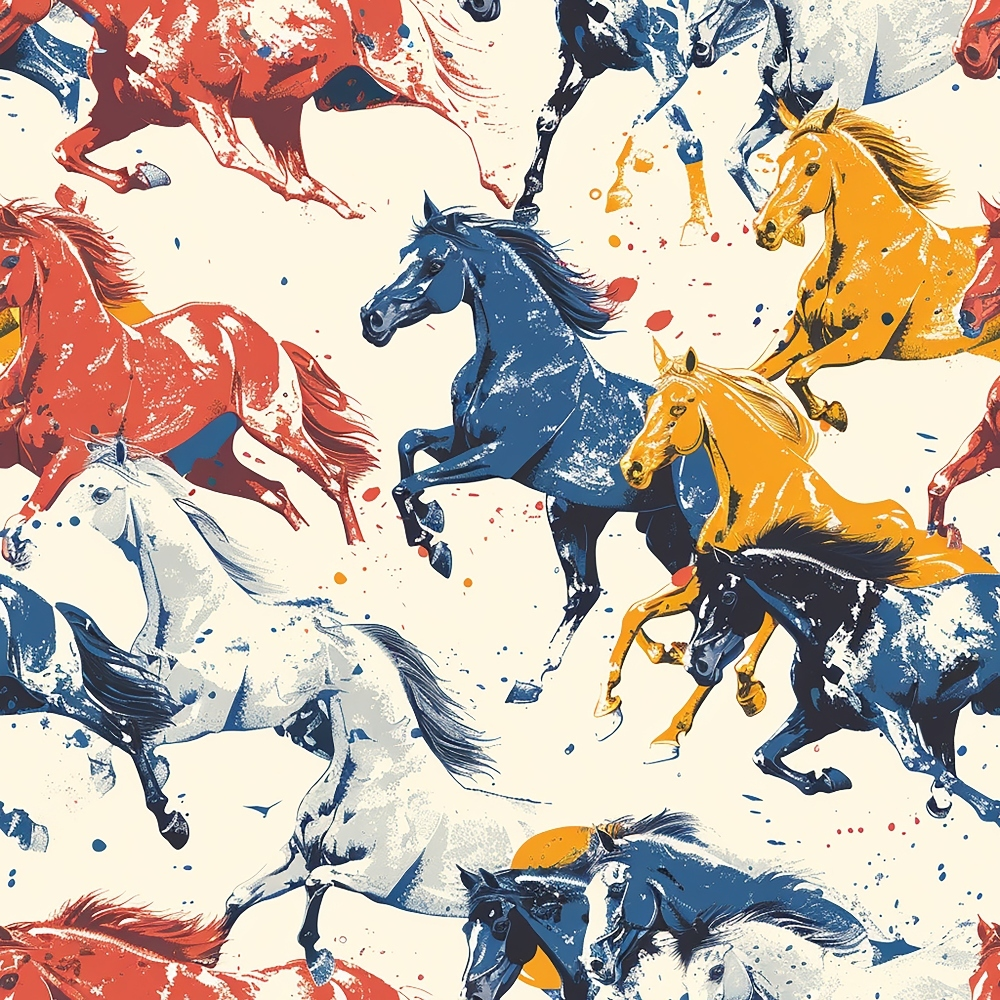 Artistic illustration of running horses in blue, red, yellow, and gray colors on a light background.