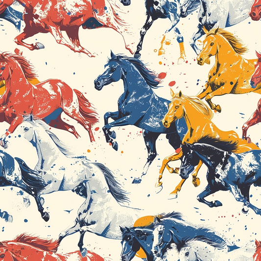 Artistic illustration of running horses in blue, red, yellow, and gray colors on a light background.