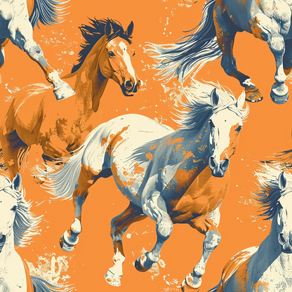 Artistic illustration of galloping horses in dynamic poses, colored in shades of orange, gray, and white, set against an orange background.