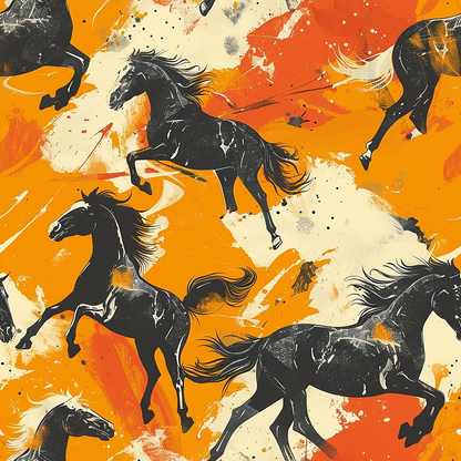 Illustration of black horses in dynamic poses on an orange and cream abstract background with splashes and brushstrokes.