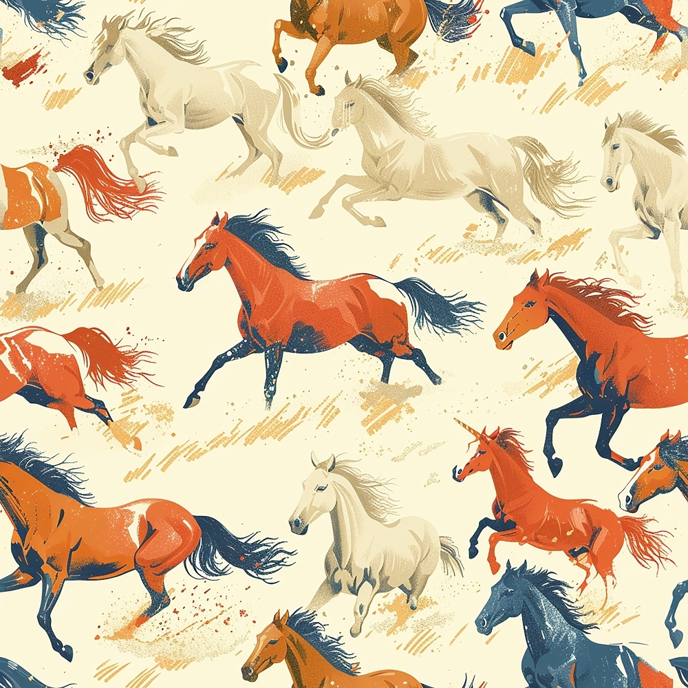 Illustrated pattern of running horses in various colors, including brown, blue, and cream, on a light background.