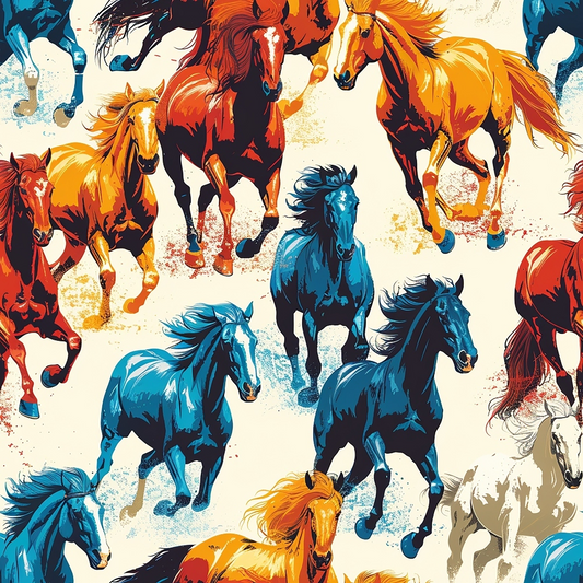 Illustration of multiple colorful horses running against a light background, featuring red, blue, orange, and white hues.