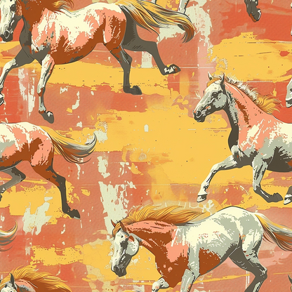 horses, galloping, equestrian, orange, coral, yellow, amber, brown, white, abstract brushstrokes, painterly style, western theme, wild horses, running horses, cotton fabric, quilting panel, artistic pattern, warm colors, southwestern style, horse silhouettes