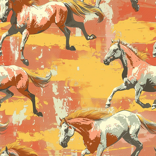 Seamless pattern of galloping horses on a textured background of orange and yellow brushstrokes.