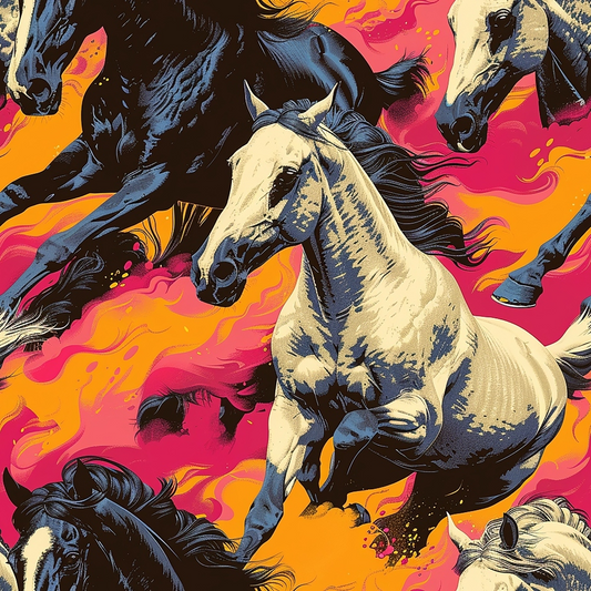 horses, galloping horses, equestrian, pink, orange, yellow, black, cream, dynamic movement, wild horses, flowing manes, dramatic sky, western theme, quilting cotton, fabric panel, energetic, powerful, herd, sunset colors, vibrant colors