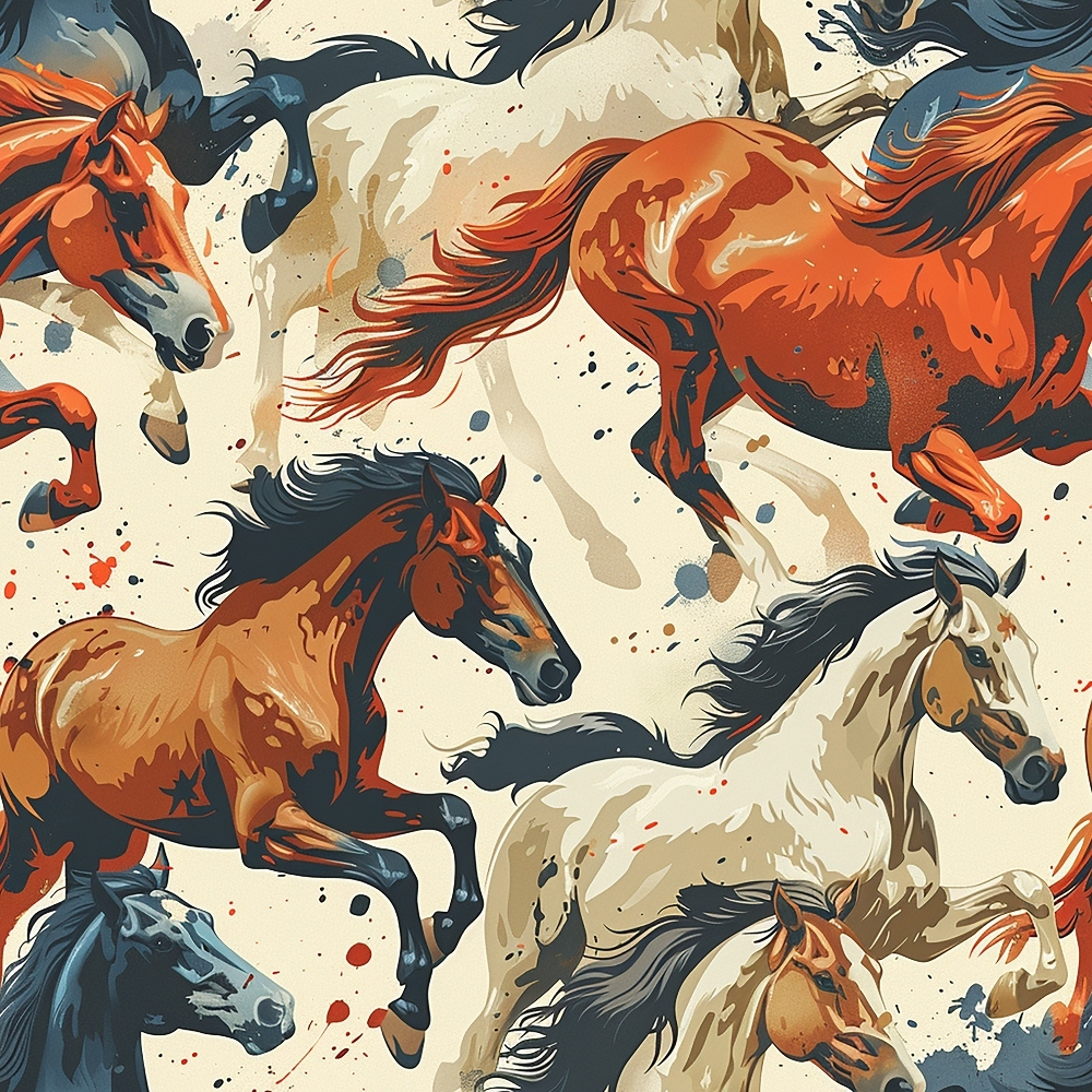 A dynamic illustration of multiple galloping horses in various shades of brown, black, and white, set against a beige background with splashes of paint.