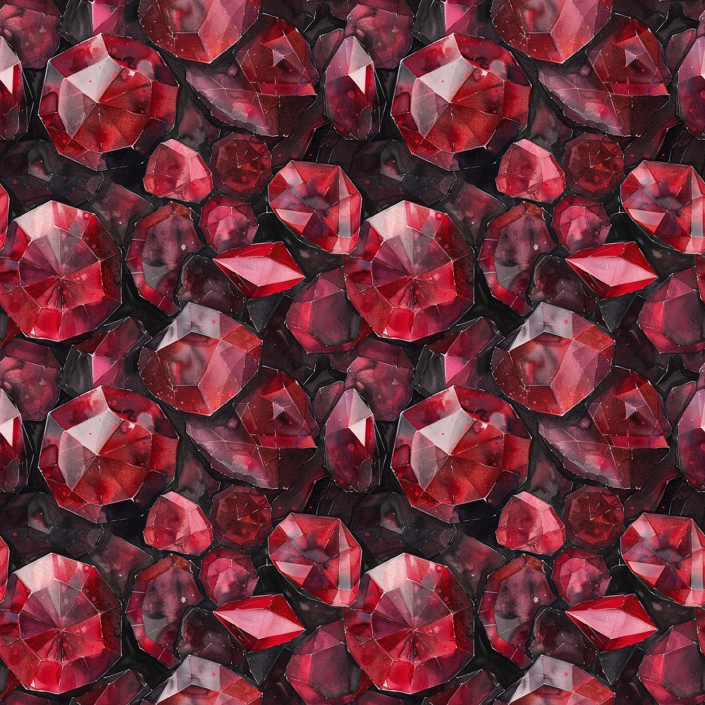 garnet red, deep crimson, burgundy, dark pink, gemstone pattern, faceted crystals, jewel tones, repeating design, luxurious texture, quilting cotton, fabric panel, sparkling gems, rich colors, geometric shapes, precious stones, glossy finish, seamless repeat, elegant pattern, mineral design, ruby tones