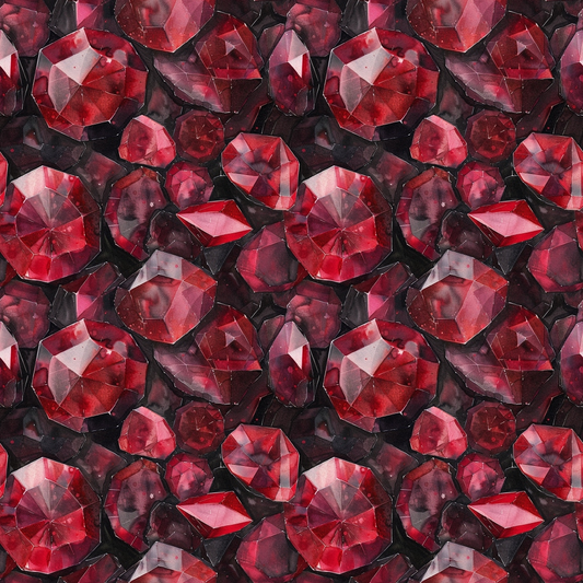 Close-up of multiple faceted red gemstones clustered together, creating a vibrant and reflective pattern.