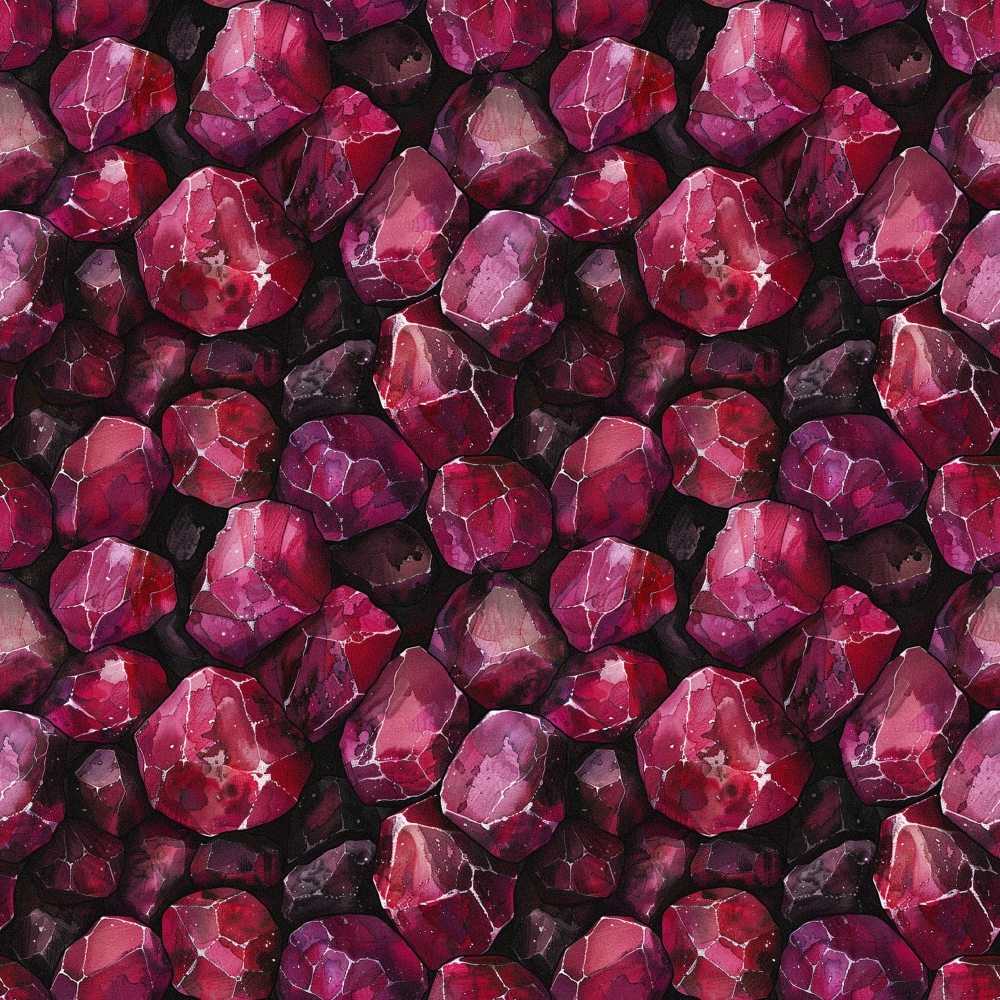 garnet, gemstones, crystals, burgundy, deep red, magenta, pink, purple, wine, maroon, geometric pattern, mineral pattern, rock formations, faceted gems, repeating design, luxurious, rich colors, quilting cotton, fabric panel, jewel tones, sparkly, crystalline, natural stones
