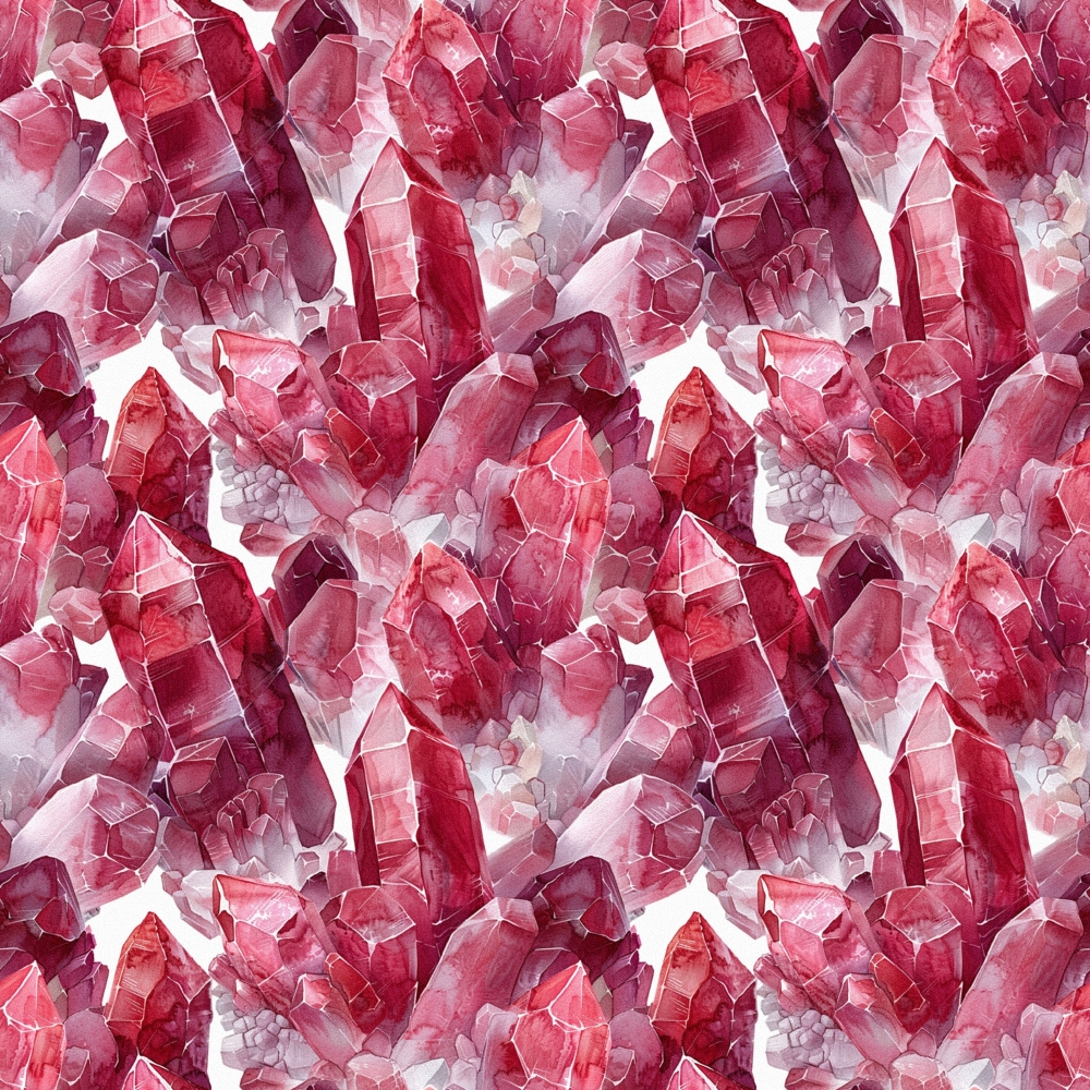 garnet, red, pink, burgundy, crimson, rose, gemstones, crystals, minerals, geometric pattern, repeating design, watercolor style, translucent, faceted gems, quilting cotton, fabric panel, luxurious, sparkling, jewel tones, seamless pattern