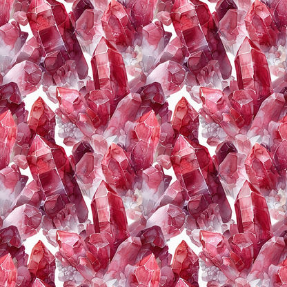 garnet, red, pink, burgundy, crimson, rose, gemstones, crystals, minerals, geometric pattern, repeating design, watercolor style, translucent, faceted gems, quilting cotton, fabric panel, luxurious, sparkling, jewel tones, seamless pattern