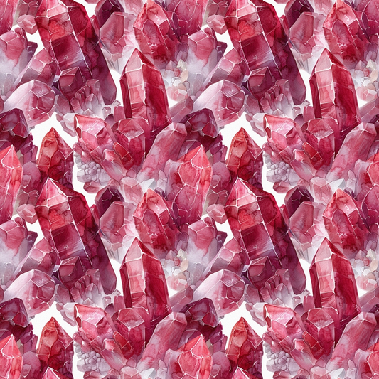 garnet, red, pink, burgundy, crimson, rose, gemstones, crystals, minerals, geometric pattern, repeating design, watercolor style, translucent, faceted gems, quilting cotton, fabric panel, luxurious, sparkling, jewel tones, seamless pattern