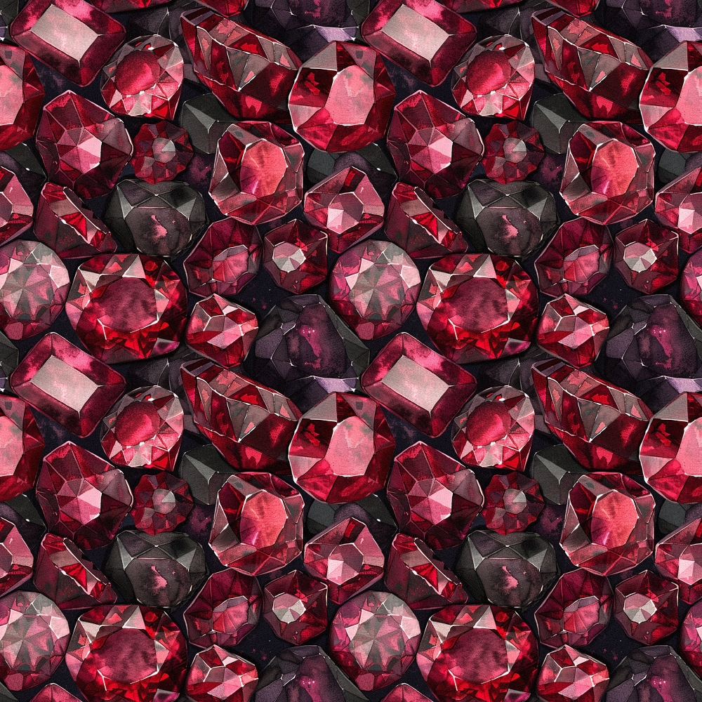 garnet red, deep crimson, burgundy, dark red, gemstone pattern, faceted gems, jewels design, repeating pattern, luxury motif, precious stones, crystal cut, sparkling gems, quilting cotton, fabric panel, rich colors, elegant design, geometric facets, seamless repeat, luxurious feel, brilliant cut