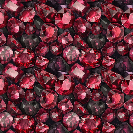 garnet red, deep crimson, burgundy, dark red, gemstone pattern, faceted gems, jewels design, repeating pattern, luxury motif, precious stones, crystal cut, sparkling gems, quilting cotton, fabric panel, rich colors, elegant design, geometric facets, seamless repeat, luxurious feel, brilliant cut