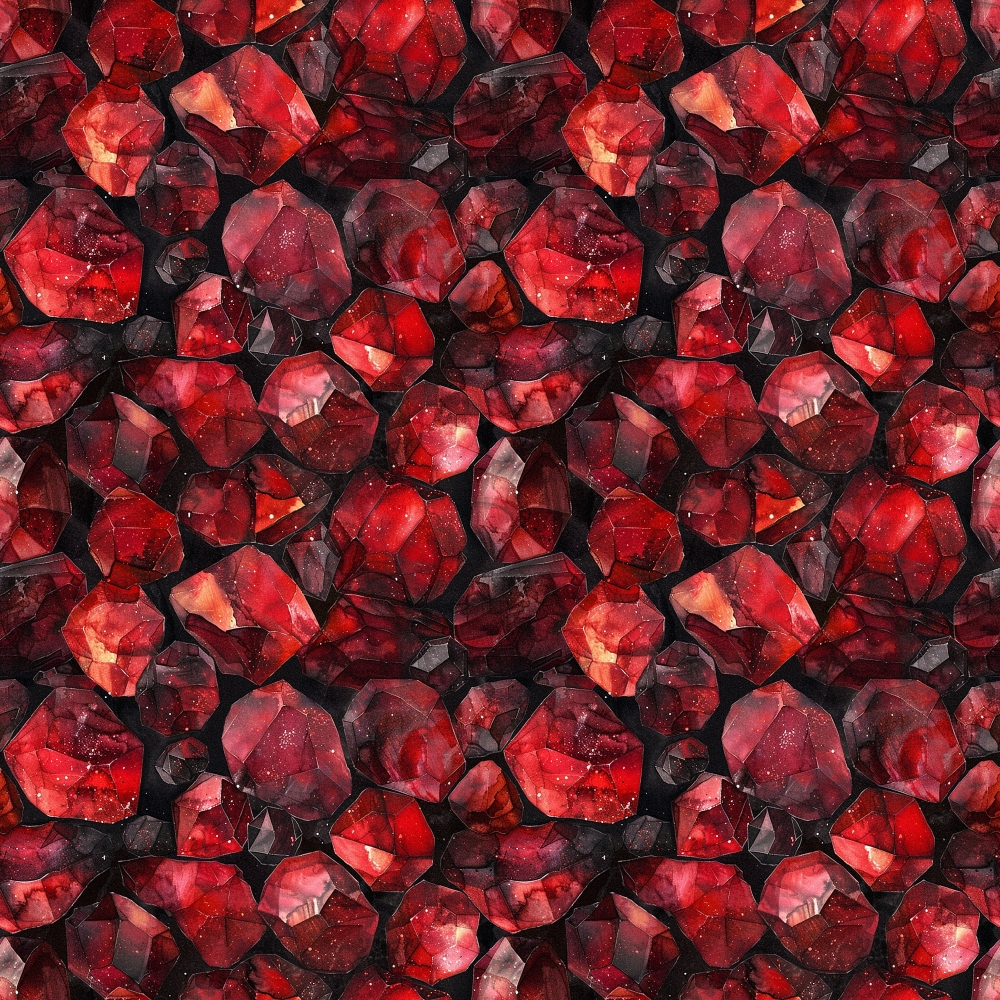 deep red, burgundy, crimson, maroon, garnet red, gemstones, crystals, precious stones, faceted gems, geometric pattern, repeating design, sparkling effect, luxurious, elegant, jewel tones, quilting cotton, fabric panel, rich colors, dimensional appearance, mineral pattern