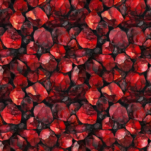 deep red, burgundy, crimson, maroon, garnet red, gemstones, crystals, precious stones, faceted gems, geometric pattern, repeating design, sparkling effect, luxurious, elegant, jewel tones, quilting cotton, fabric panel, rich colors, dimensional appearance, mineral pattern