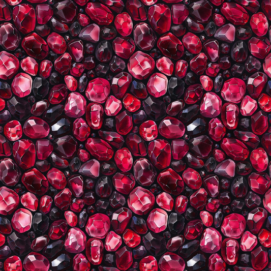 ruby red, deep crimson, burgundy, maroon, dark red, garnet gemstones, precious stones, faceted gems, jewels pattern, repeating design, luxurious, sparkling, crystalline, geometric shapes, quilting cotton, fabric panel, rich textures, elegant, sophisticated, treasure theme