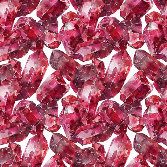 garnet, red gemstones, pink crystals, burgundy, crimson, rose pink, deep red, gemstone pattern, crystal design, geometric shapes, faceted gems, mineral pattern, quilting cotton, fabric panel, luxurious, sparkling, jewel tones, repeating pattern, realistic gemstones, elegant