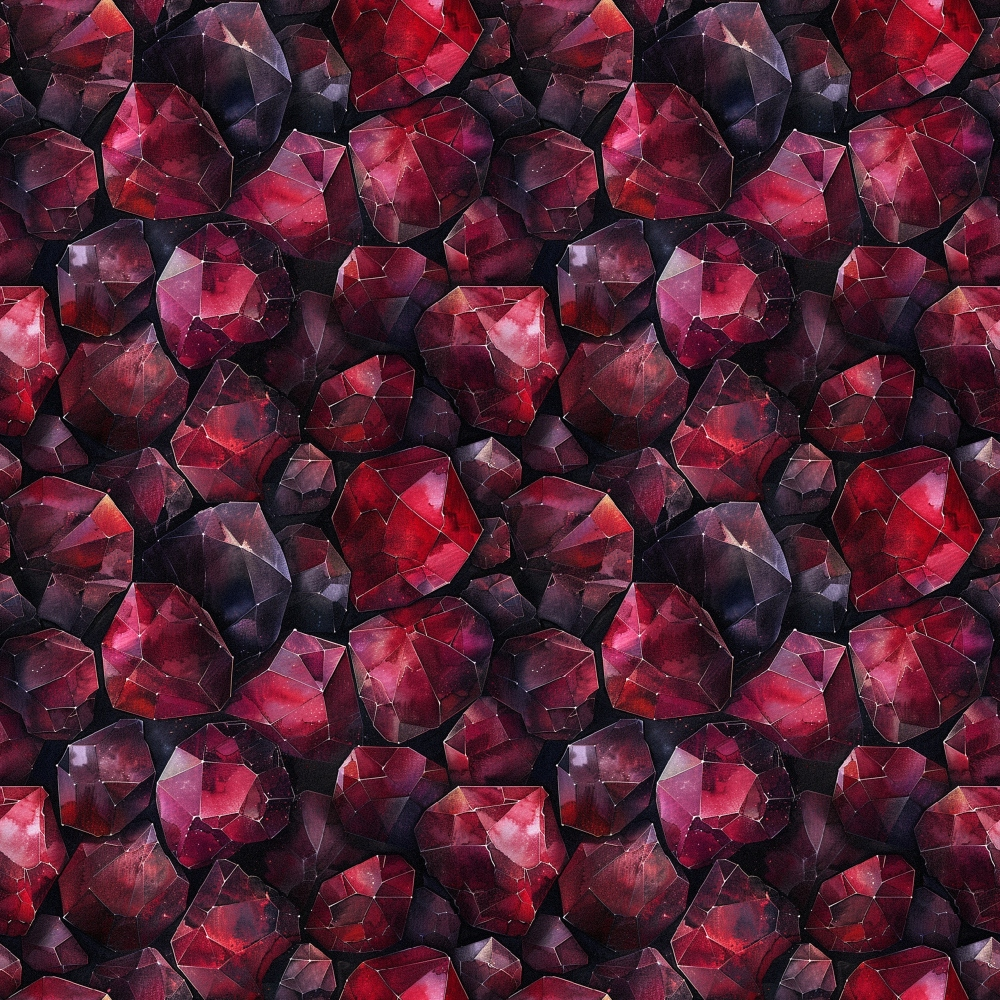 garnet, deep red, burgundy, crimson, magenta, purple, gemstones, crystals, faceted gems, geometric pattern, repeating design, luxurious, sparkling, jewel tones, quilting cotton, fabric panel, mineral pattern, precious stones, rich colors, dimensional appearance