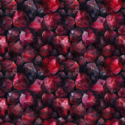 garnet, deep red, burgundy, crimson, magenta, purple, gemstones, crystals, faceted gems, geometric pattern, repeating design, luxurious, sparkling, jewel tones, quilting cotton, fabric panel, mineral pattern, precious stones, rich colors, dimensional appearance