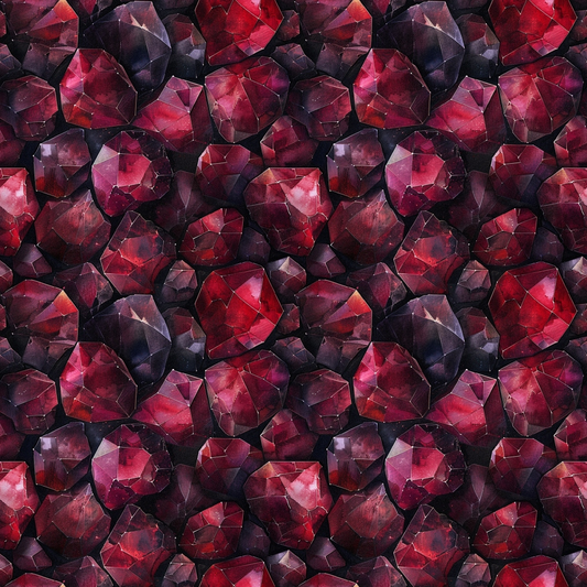 garnet, deep red, burgundy, crimson, magenta, purple, gemstones, crystals, faceted gems, geometric pattern, repeating design, luxurious, sparkling, jewel tones, quilting cotton, fabric panel, mineral pattern, precious stones, rich colors, dimensional appearance