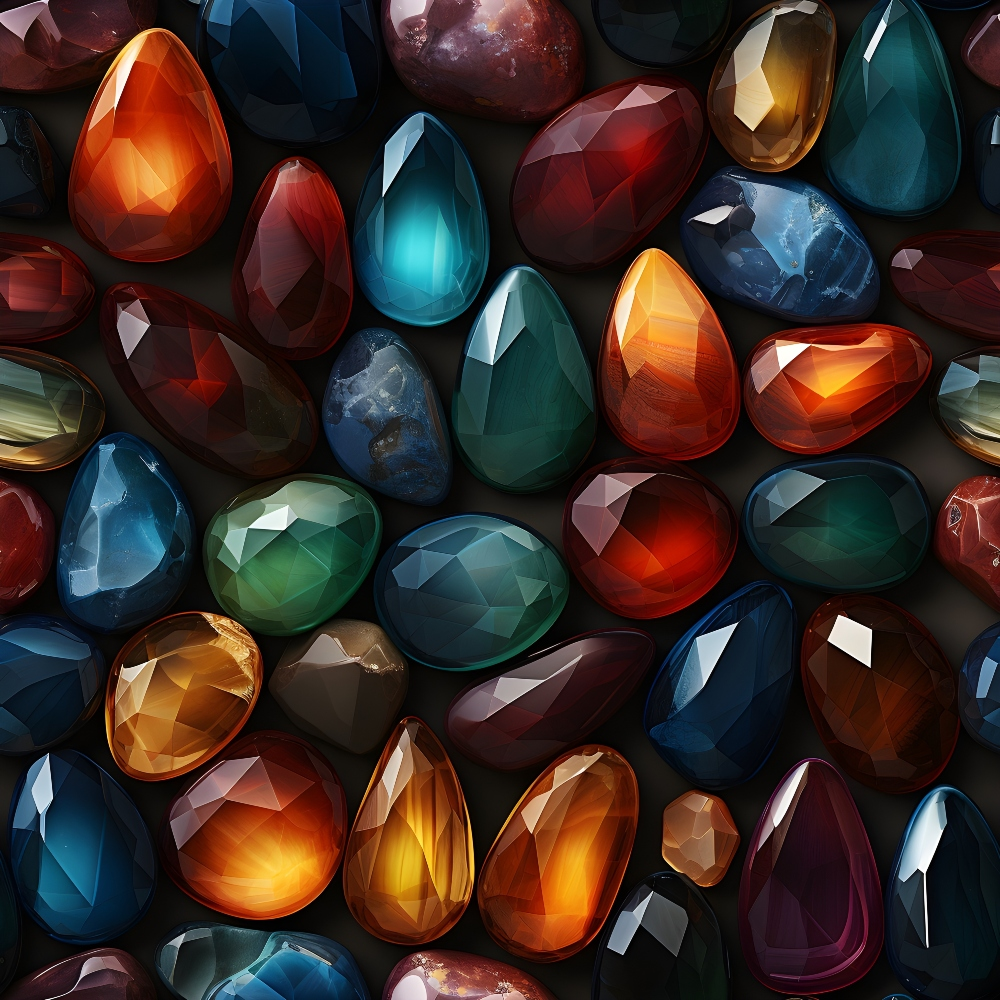 A collection of variously shaped and colored polished gemstones arranged closely together on a surface.