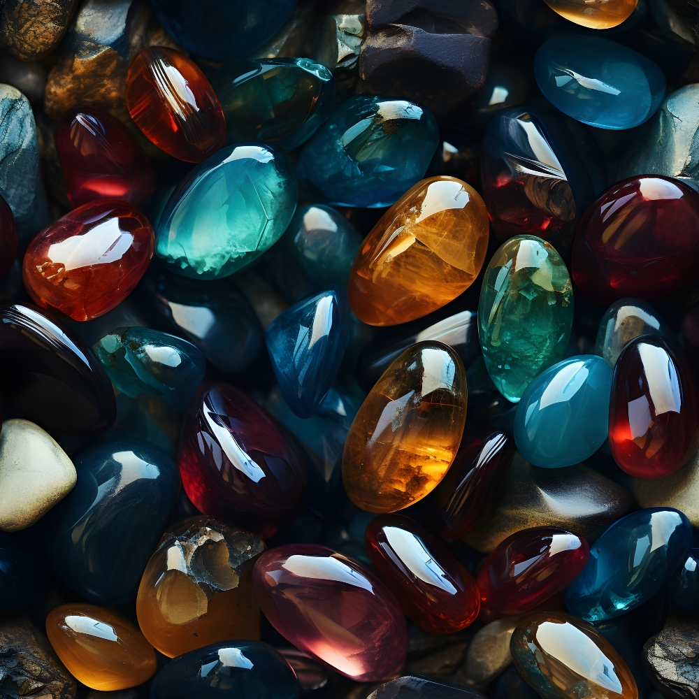 A collection of polished, multicolored gemstones in shades of blue, orange, red, and green, arranged closely together.