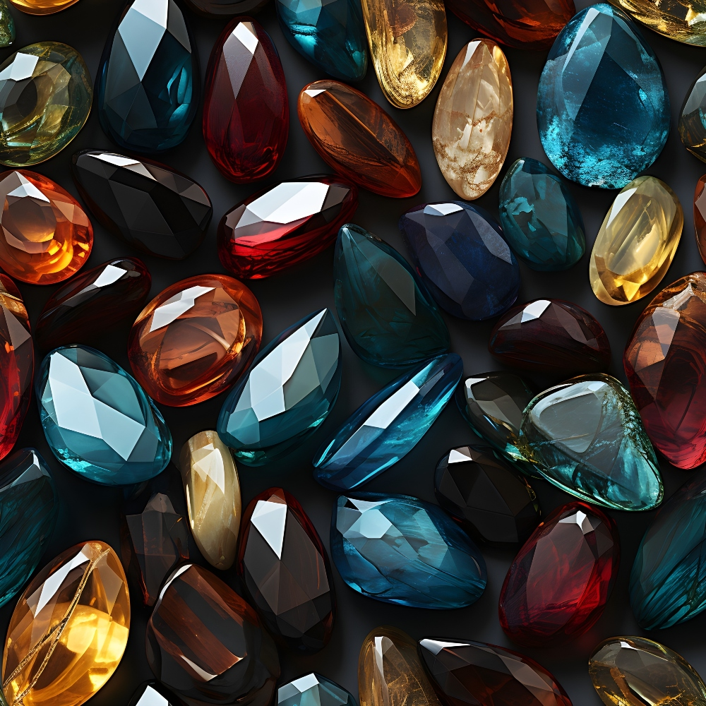 Various polished, faceted gemstones in an array of colors, including blue, red, amber, and black, are scattered on a dark surface.