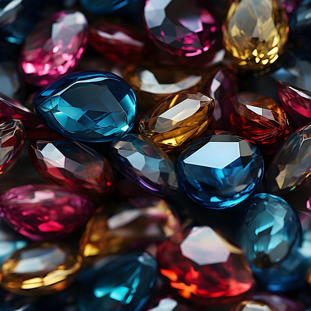 A collection of colorful gemstones with faceted surfaces, including blue, red, and yellow stones.