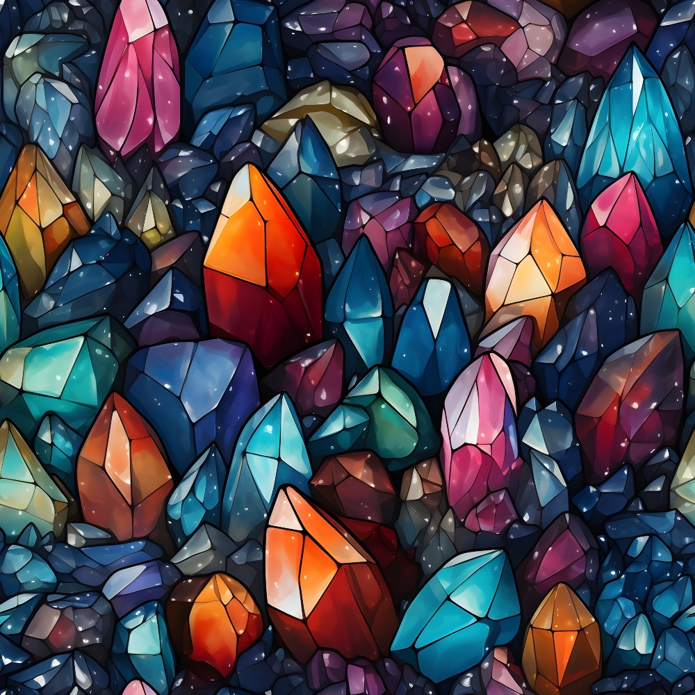 A collection of colorful, variously shaped gems and crystals. Predominantly red, blue, and orange hues.