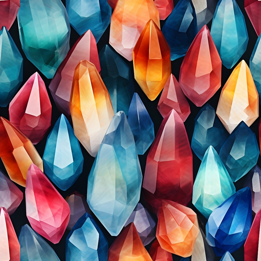 A collection of colorful, faceted gemstones in various shades of red, blue, orange, and teal, set against a dark background.