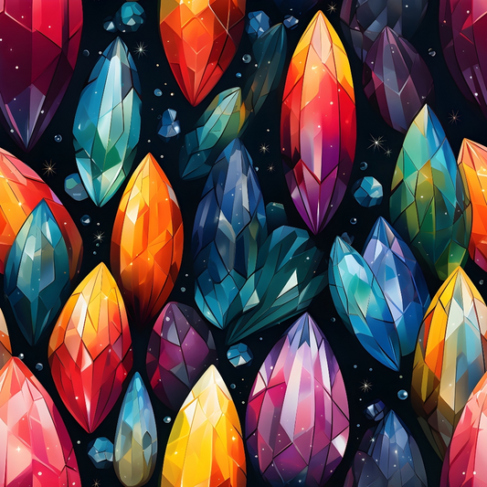 Colorful geometric crystals against a dark background, with facets reflecting various hues including red, blue, and orange, mingled with small star-like dots.