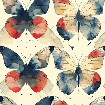 Watercolor-style butterflies in shades of blue, red, and yellow on a light background, arranged in a seamless pattern.