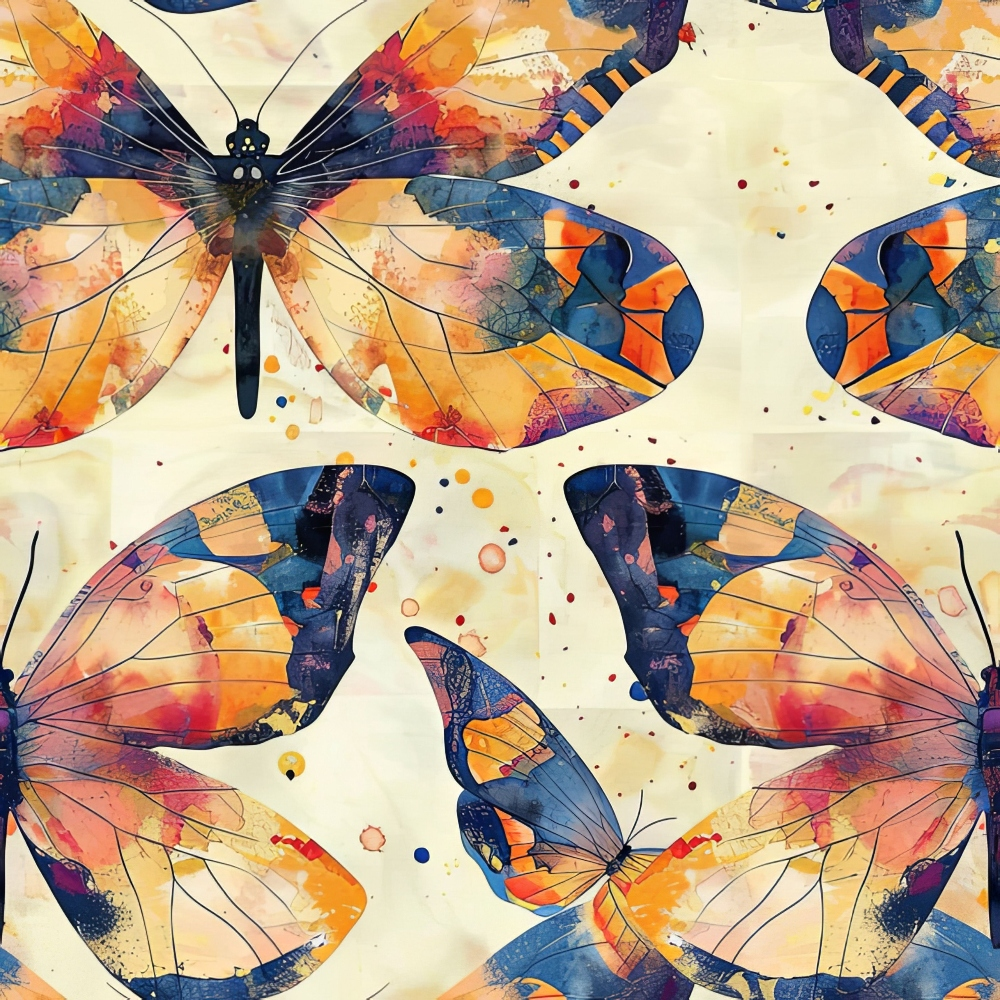 Colorful butterfly pattern with watercolor effects in orange, blue, and yellow tones on a light background.