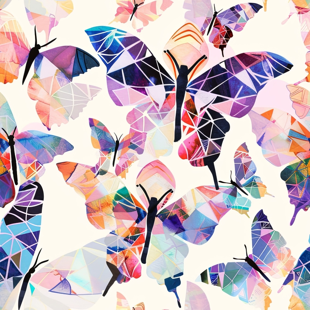 Colorful abstract butterflies with geometric patterns on a light background.