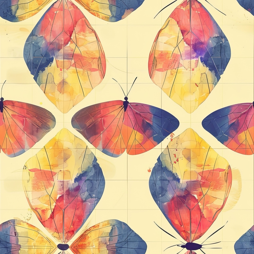 Pattern of watercolor butterflies with vibrant red, blue, and yellow wings on a light background.