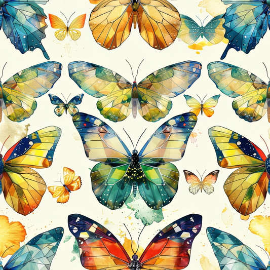 Colorful, stained-glass style butterflies with geometric patterns on a light background.